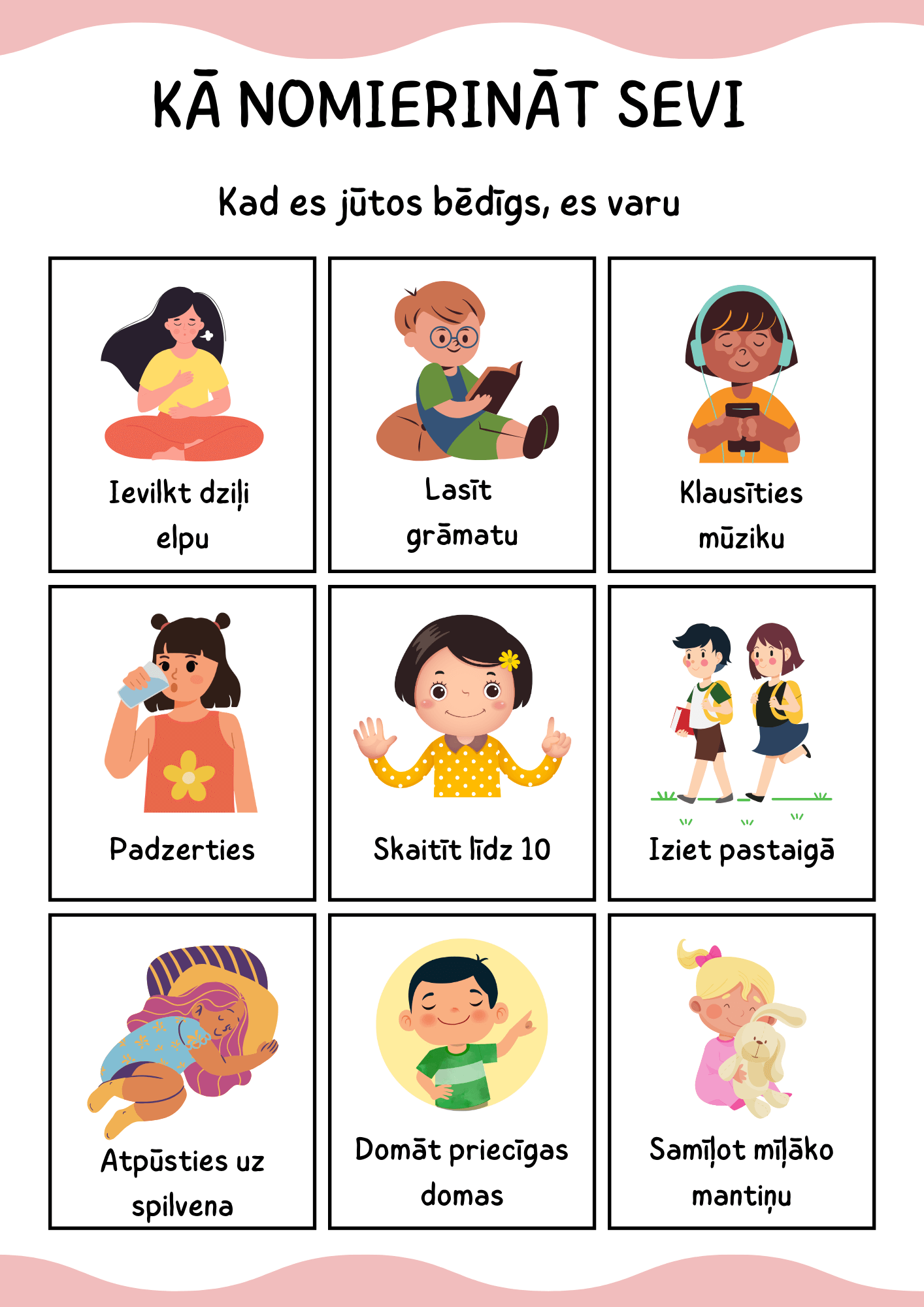 Colorful educational poster showing activities for kids to calm down, featuring illustrations of children and text in Latvian.