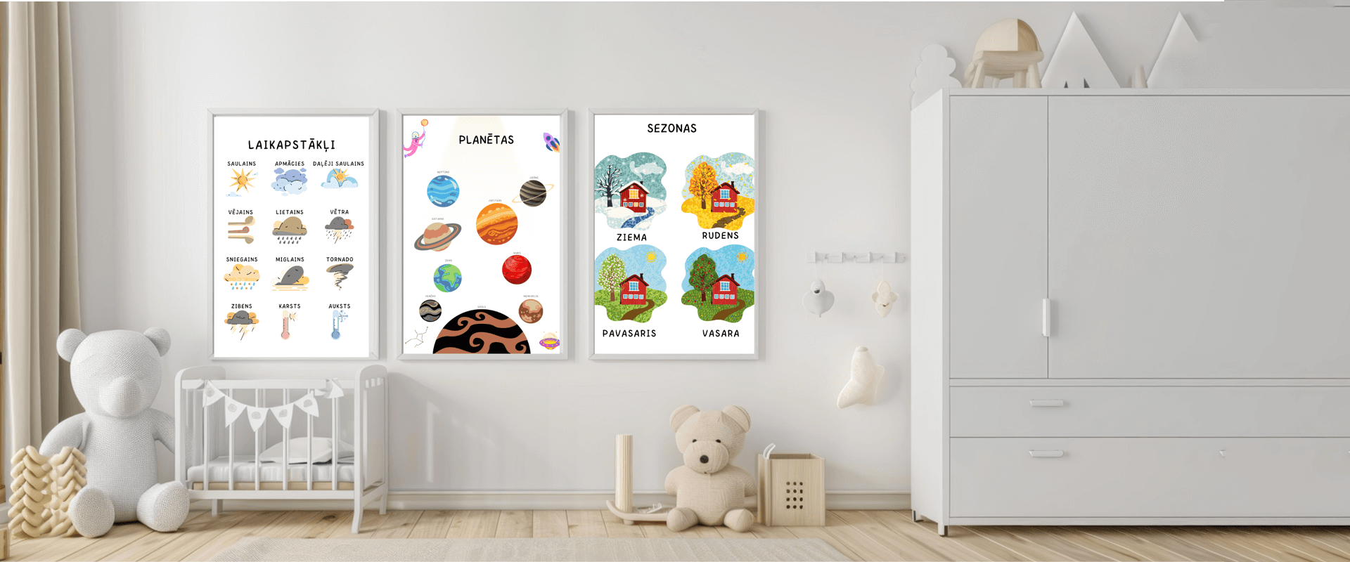 Three educational posters featuring planets, seasons, and space vocabulary, perfect for children's room decor.slider_item_DDDzXA